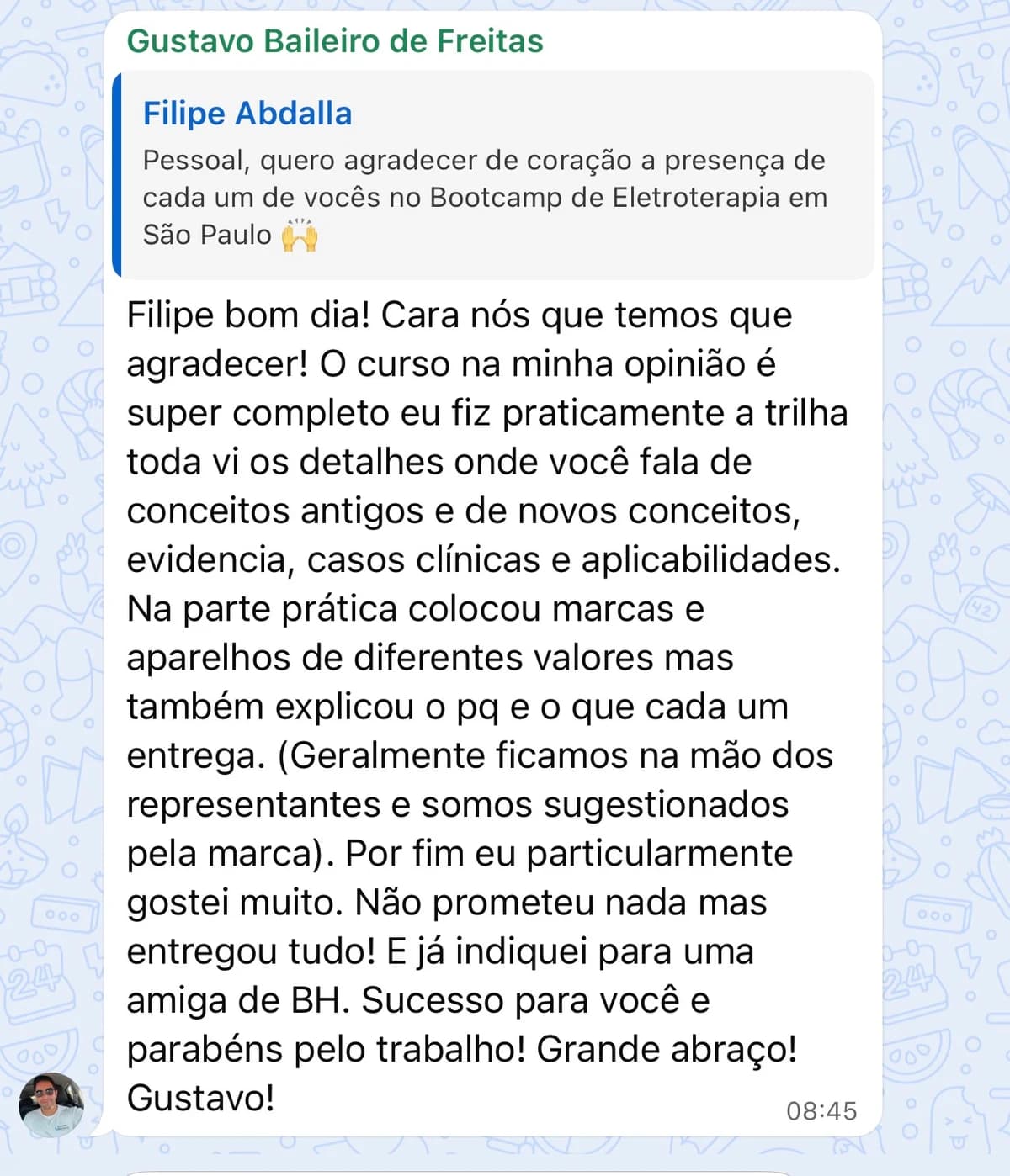 Mensagem original de Gustavo Balieiro de Freitas: O curso na minha opinião é super completo eu fiz praticamente a trilha toda vi os detalhes onde você fala de conceitos antigos e de novos conceitos, evidência, casos clínicas e aplicabilidades.
